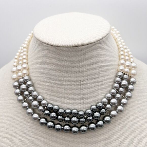 Ombre Graduated Faux Pearl Ivory To Gray 3 Strand Collar Necklace Fashion Formal - Picture 1 of 8